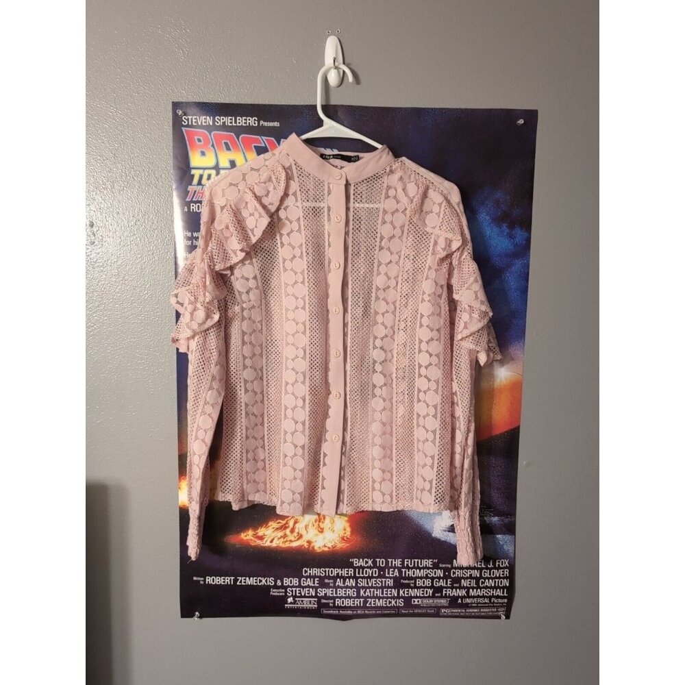 INA Pink Sheer Ruffled Button Up Blouse Women's Size M
